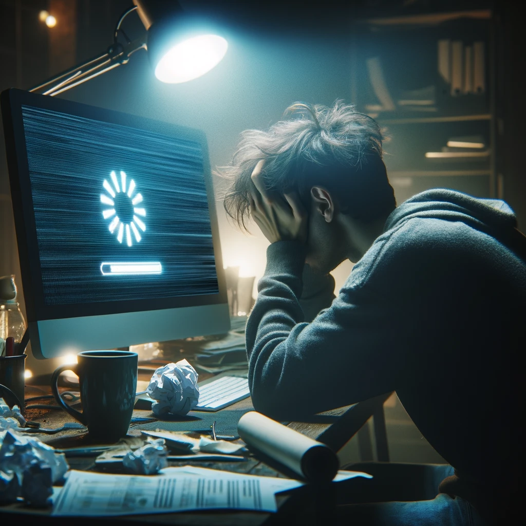 A frustrated computer user sitting at a desk, holding their head in despair as their slow computer screen displays a loading icon. The user looks exhausted and stressed, with messy hair and a cluttered workspace filled with papers, coffee cups, and cables. The room has dim lighting, emphasizing the feeling of frustration. The computer screen emits a faint glow.